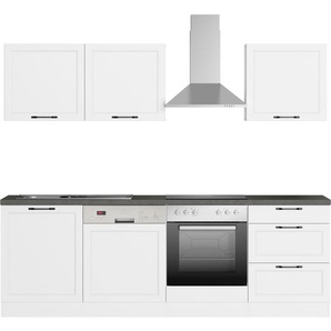 Küchenzeile KOCHSTATION KS-Lani, mit MDF-Fronten, weiß (front: weiß, korpus: weiß, arbeitsplatte: betongrau), B:240cm T:60cm, Komplettküchen-Sets, Küchenzeile, Breite 240 cm, wahlweise mit E-Geräten, Höhen-Ausgleichsfüße 0-4 cm