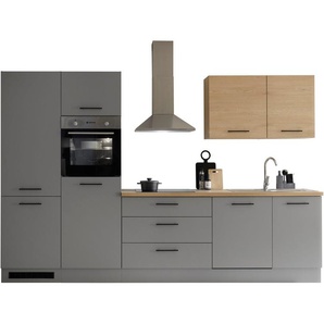 Küchenzeile KOCHSTATION KS-Malfi, grau (front: grau matt, korpus: grau matt, arbeitsplatte: eiche hell), B:320cm H:211cm T:60cm, Komplettküchen-Sets, Breite 320cm, wahlweise mit E-Geräten, Arbeitsplatte 38mm Stärke, Topseller