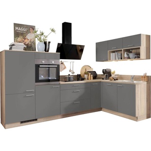 Küchenzeile KOCHSTATION KS-Scafa, vormontiert, mit höhenverstellbaren Füßen, braun (front: anthrazit, korpus: bergeiche nachbildung, arbeitsplatte: bergeiche nachbildung), B:305cm T:60cm, Komplettküchen-Sets, vormontiert, wahlweise mit E-Geräten,