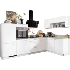 Küchenzeile KOCHSTATION KS-Scafa, vormontiert, mit höhenverstellbaren Füßen, weiß (front: weiß, korpus: zementfarben hell, arbeitsplatte: zementfarben hell), B:305cm T:60cm, Komplettküchen-Sets, vormontiert, wahlweise mit E-Geräten, Stellbreite 305 x 185