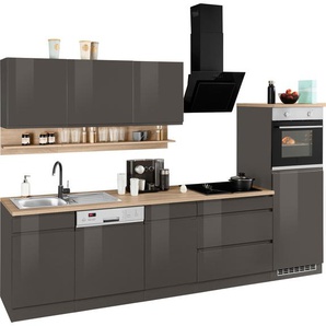 Küchenzeile KOCHSTATION KS-Virginia, grau (front: grau hochglanz, korpus: grafit, arbeitsplatte: eiche sonoma), B:300cm T:60cm, Komplettküchen-Sets, Breite 300 cm, mit E-Geräten, Topseller
