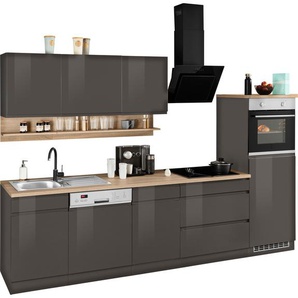 Küchenzeile KOCHSTATION KS-Virginia, grau (front: grau hochglanz, korpus: grafit, arbeitsplatte: eiche sonoma), B:300cm T:60cm, Komplettküchen-Sets, Breite 300 cm, mit E-Geräten