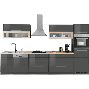 Küchenzeile KOCHSTATION KS-Wien, grau (front: grau hochglanz, korpus: grafit, arbeitsplatte: eiche sonoma), B:350cm H:200cm T:60cm, Komplettküchen-Sets, Küchenzeile, Breite 350 cm, wahlweise mit E-Geräten und Induktion