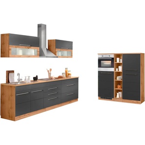 Küchenzeile KOCHSTATION KS-Wien, schwarz (front: anthrazit, korpus: wotaneichefarben, arbeitsplatte: wotaneichefarben), B:430cm T:60cm, Komplettküchen-Sets, Küchenzeile, Breite 430 cm, wahlweise mit E-Geräten und Induktion, Topseller