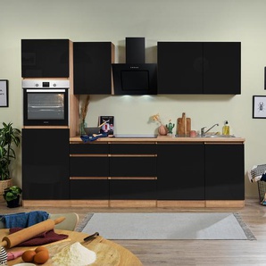 Küchenzeile Lorena II 280cm Schwarz/Hochglanz Schwarz/Eiche Dekor mit Elektrogeräten