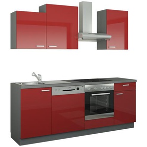 Küchenzeile mit Elektrogeräten - rot - Materialmix - 220 cm | Möbel Kraft