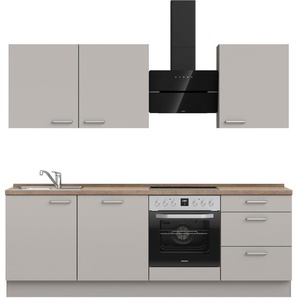 Küchenzeile NOBILIA Touch II, grau (front: lacklaminat steingrau supermatt, korpus: steingrau, arbeitsplatte: eiche havanna nachbildung), B:240,3cm H:216,6cm T:60cm, Komplettküchen-Sets, vormontiert, Ausrichtung wählbar, Breite 240 cm, wahlw. mit