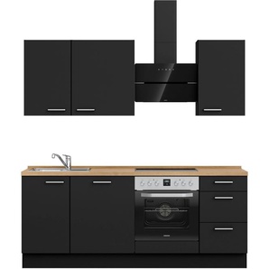 Küchenzeile NOBILIA Touch II, schwarz (front: lacklaminat schwarz supermatt, korpus: schwarz, arbeitsplatte: eiche sierra nachbildung), B:210,3cm H:216,6cm T:60cm, Komplettküchen-Sets, vormontiert, Ausrichtung wählbar, Breite 210 cm, wahlw. mit E-Geräten