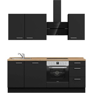 Küchenzeile NOBILIA Touch II, schwarz (front: lacklaminat schwarz supermatt, korpus: schwarz, arbeitsplatte: eiche sierra nachbildung), B:210,3cm H:216,6cm T:60cm, Komplettküchen-Sets, vormontiert, Ausrichtung wählbar, Breite 210 cm, wahlw. mit E-Geräten