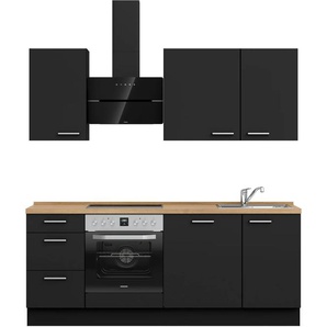 Küchenzeile NOBILIA Touch II, schwarz (front: lacklaminat schwarz supermatt, korpus: schwarz, arbeitsplatte: eiche sierra nachbildung), B:210,3cm H:216,6cm T:60cm, Komplettküchen-Sets, vormontiert, Ausrichtung wählbar, Breite 210 cm, wahlw. mit E-Geräten