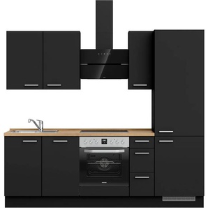 Küchenzeile NOBILIA Touch II, schwarz (front: lacklaminat schwarz supermatt, korpus: schwarz, arbeitsplatte: eiche sierra nachbildung), B:240,3cm H:216,6cm T:60cm, Komplettküchen-Sets, vormontiert, Ausrichtung wählbar, Breite 240 cm, wahlw. mit E-Geräten