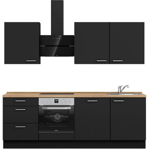 Küchenzeile NOBILIA Touch II, schwarz (front: lacklaminat schwarz supermatt, korpus: schwarz, arbeitsplatte: eiche sierra nachbildung), B:240,3cm H:216,6cm T:60cm, Komplettküchen-Sets, vormontiert, Ausrichtung wählbar, Breite 240 cm, wahlw. mit E-Geräten