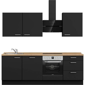 Küchenzeile NOBILIA Touch II, schwarz (front: lacklaminat schwarz supermatt, korpus: schwarz, arbeitsplatte: eiche sierra nachbildung), B:240,3cm H:216,6cm T:60cm, Komplettküchen-Sets, vormontiert, Ausrichtung wählbar, Breite 240 cm, wahlw. mit E-Geräten,