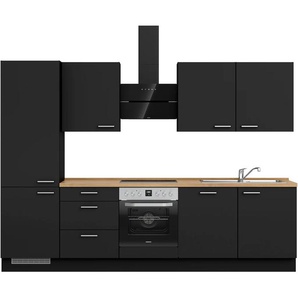 Küchenzeile NOBILIA Touch II, schwarz (front: lacklaminat schwarz supermatt, korpus: schwarz, arbeitsplatte: eiche sierra nachbildung), B:300,3cm H:216,6cm T:60cm, Komplettküchen-Sets, vormontiert, Ausrichtung wählbar, Breite 300 cm, wahlw. mit E-Geräten