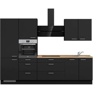Küchenzeile NOBILIA Touch II, schwarz (front: lacklaminat schwarz supermatt, korpus: schwarz, arbeitsplatte: eiche sierra nachbildung), B:300,3cm H:216,6cm T:60cm, Komplettküchen-Sets, vormontiert, Ausrichtung wählbar, Breite 300 cm, wahlw. mit E-Geräten