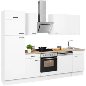 Küchenzeile OPTIFIT Elga Komplettküchen-Sets Gr. B/T: 280 cm x 60 cm, weiß (küche: weiß, korpus: arbeitsplatte: nachbildung eiche, hell) Küchenzeilen ohne Elektrogeräte