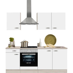Küchenzeile OPTIFIT Faro Komplettküchen-Sets Gr. B/T: 210 cm x 60 cm, weiß (küche: glanz, korpus: akaziefarben, arbeitsplatte: akaziefarben) Küchenzeilen ohne Elektrogeräte