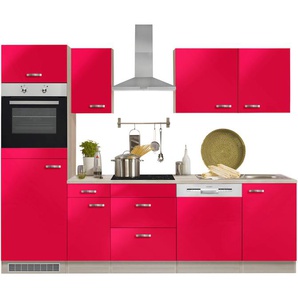 Küchenzeile OPTIFIT Faro Komplettküchen-Sets Gr. B/T: 270 cm x 60 cm, rot (küche: glanz, korpus: akaziefarben, arbeitsplatte: akaziefarben) Küchenzeilen mit Elektrogeräte
