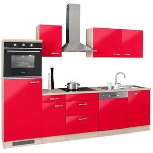 Küchenzeile OPTIFIT Faro Komplettküchen-Sets Gr. B/T: 270 cm x 60 cm, rot (küche: glanz, korpus: akaziefarben, arbeitsplatte: akaziefarben) Küchenzeilen ohne Elektrogeräte