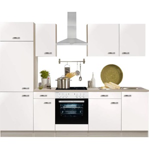 Küchenzeile OPTIFIT Faro Komplettküchen-Sets Gr. B/T: 270 cm x 60 cm, weiß (küche: matt, korpus: akaziefarben, arbeitsplatte: akaziefarben) Küchenzeilen mit Elektrogeräte
