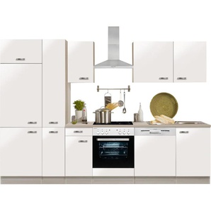 Küchenzeile OPTIFIT Faro Komplettküchen-Sets Gr. B/T: 300 cm x 60 cm, weiß (küche: matt, korpus: akaziefarben, arbeitsplatte: akaziefarben) Küchenzeilen mit Elektrogeräte