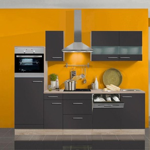 Küchenzeile OPTIFIT Kalmar Komplettküchen-Sets Gr. B/T: 270 cm x 60 cm, grau (küche: anthrazit,, korpus: eiche hell, arbeitsplatte: hell) Küchenzeilen ohne Elektrogeräte E-Geräte, Breite 270 cm