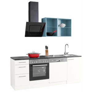 Küchenzeile OPTIFIT Mini Komplettküchen-Sets Gr. B/T: 210 cm x 60 cm, blau (küche: weiß, blau, anthrazit, korpus: arbeitsplatte: anthrazit) Küchenzeilen mit Elektrogeräte
