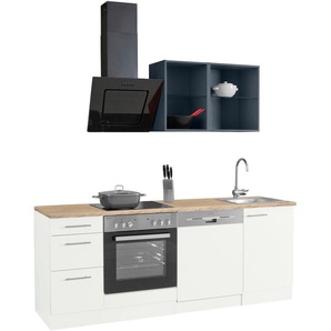 Küchenzeile OPTIFIT Mini Komplettküchen-Sets Gr. B/T: 210 cm x 60 cm, weiß (küche: weiß, anthrazit, wildeichefarben, korpus: arbeitsplatte: wildeichefarben) Küchenzeilen mit Elektrogeräte