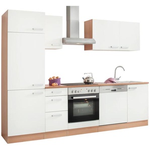 Küchenzeile OPTIFIT Odense Komplettküchen-Sets Gr. B/T: 270 cm x 60 cm, weiß (küche: weiß,, korpus: buchefarben, arbeitsplatte: buchefarben) Küchenzeilen ohne Elektrogeräte Breite 270 cm, mit 28 mm Arbeitsplatte, Gratis Besteckeinsatz