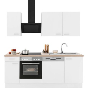 Küchenzeile OPTIFIT Parma Komplettküchen-Sets Gr. B/T: 210 cm x 60 cm, weiß (küche: weiß, eiche,, korpus: arbeitsplatte: eichefarben) Küchenzeilen mit Elektrogeräte E-Geräten, Breite 210 cm