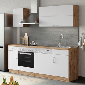 Küchenzeile Sorrento II 210 x 200 x 60cm Weiß/Wotaneiche Dekor/Weiß ohne Elektrogeräte
