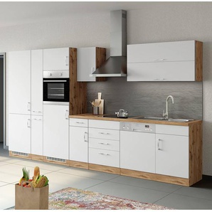 Küchenzeile Sorrento VII 360 x 200 x 60cm Weiß/Wotaneiche Dekor/Weiß mit Elektrogeräten