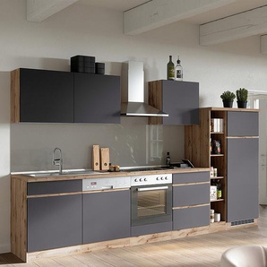 Küchenzeile Turin Kombi D 360cm Braun/Grau/Grau/Wotaneiche Dekor ohne Kochfeld ohne Elektrogeräte