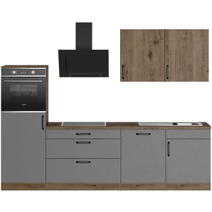 Küchenzeile WIHO KÜCHEN Elba, grau (front: graphitfarben, korpus: halifax eichefarben braun, arbeitsplatte: eichefarben braun), B:280cm T:60cm, Komplettküchen-Sets, wahlweise mit Hanseatic E-Geräten, Breite 280 cm, Topseller