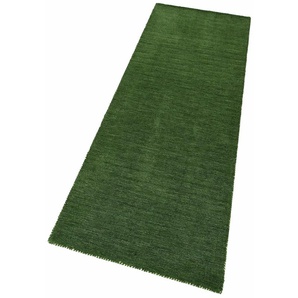 Läufer THEKO Gabbeh Uni, Handweb Teppich, meliert, reine Schurwolle, handgewebt Teppiche Gr. B/L: 90 cm x 250 cm, 14 mm, 1 St., grün (dunkelgrün) Teppichläufer
