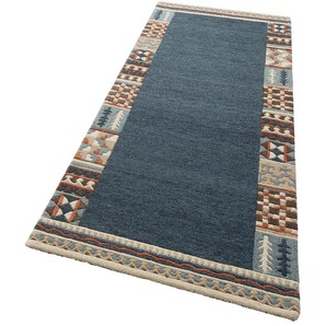 Läufer THEKO Nuno, reine Wolle, handgearbeitet, mit Bordüre Teppiche Gr. B/L: 70 cm x 240 cm, 14 mm, 1 St., blau (dunkelblau) Teppichläufer