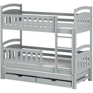 Lan Etagenbett »Hochbett Kinderbett MIA für 3 Kinder 90x200 Grau« (aus Masssivholz Vollholz Kiefernholz), Rausfallschutz unten abnehmbar, inkl. Lattenrost