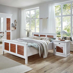 Landhaus Bett Kiefer in Weiß & Bernsteinfarben 53 cm Einstiegshöhe