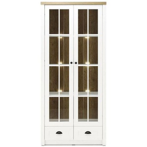 Landhaus-Vitrine 2trg & 2 Schubkästen PISA-61 in Pinie weiß und Eiche hell, inkl. Beleuchtung, b/h/t ca.: 90/198/43 cm