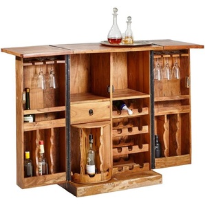 Landscape Barschrank, Mehrfarbig, Dunkelbraun, Hellbraun, Holz, Recyclingholz, massiv, 2 Fächer, 1 Schubladen, 75x107x52 cm, Esszimmer, Barmöbel, Barschränke & Theken