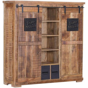 Landscape Highboard, Natur, Schwarz, Metall, Mangoholz, massiv, 11 Fächer, 2 Schubladen, 145x145x45 cm, Typenauswahl, Beimöbel erhältlich, stehend,