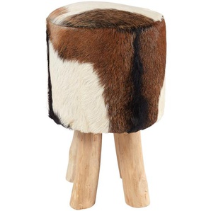 Landscape Hocker, Braun, Natur, Weiß, Holz, Leder, Echtleder, Ziegenleder, Teakholz, massiv, rund, 32x50x32 cm, Wohnzimmer, Hocker, Sitzhocker
