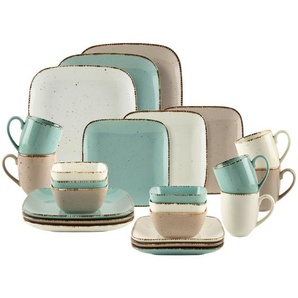 Landscape Kombiservice Urban Life Square, Türkis, Weiß, Taupe, Keramik, 24-teilig, Abstraktes, 370 ml,700 ml, Lfgb, Handmade Quality, handbemalt, lebensmittelecht, Essen & Trinken, Geschirr, Geschirr-Sets, Kombiservice