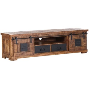 Landscape Lowboard, Natur, Schwarz, Metall, Mangoholz, massiv, 2 Fächer, 2 Schubladen, 180x50x45 cm, Typenauswahl, Beimöbel erhältlich, stehend, Holzmöbel, Kleinmöbel Holz, Holzkommoden, Lowboards Holz