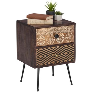 Landscape Nachtschrank, Mehrfarbig, Dunkelbraun, Metall, Mangoholz, massiv, 2 Schubladen, 40x55x35 cm, Fsc, Holzmöbel, Holztische, Nachttische Holz