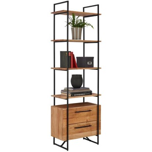Landscape Regal, Schwarz, Akazie, Holz, Akazie, massiv, 4 Fächer, 2 Schubladen, 60x188x35 cm, Wohnzimmer, Regale, Bücherregale