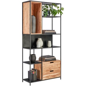 Landscape Regal, Schwarz, Akazie, Holz, Metall, Akazie, massiv, 2 Schubladen, 90x185x34 cm, Wohnzimmer, Regale, Bücherregale
