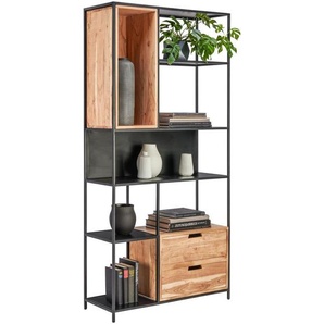 Landscape Regal, Schwarz, Akazie, Holz, Metall, Akazie, massiv, 2 Schubladen, 90x185x34 cm, Wohnzimmer, Regale, Bücherregale