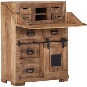 Landscape Sekretär, Braun, Schwarz, Holz, Mangoholz, massiv, 8 Schubladen, 80x107x39 cm, Arbeitszimmer, Schreibtische, Sekretäre