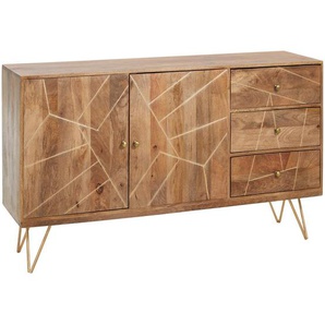 Landscape Sideboard, Natur, Gold, Metall, Mangoholz, massiv, 1 Fächer, 3 Schubladen, 145x88x43 cm, Typenauswahl, Beimöbel erhältlich, stehend,